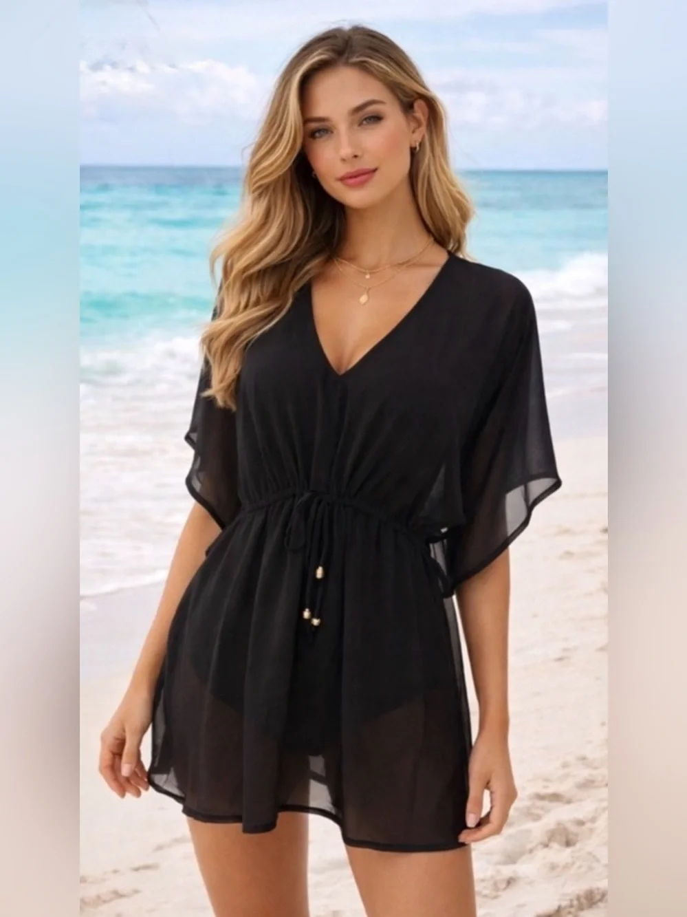 Merona Black Sheer V-Neck Sheer Swim Coverup Tunic with gold tassels